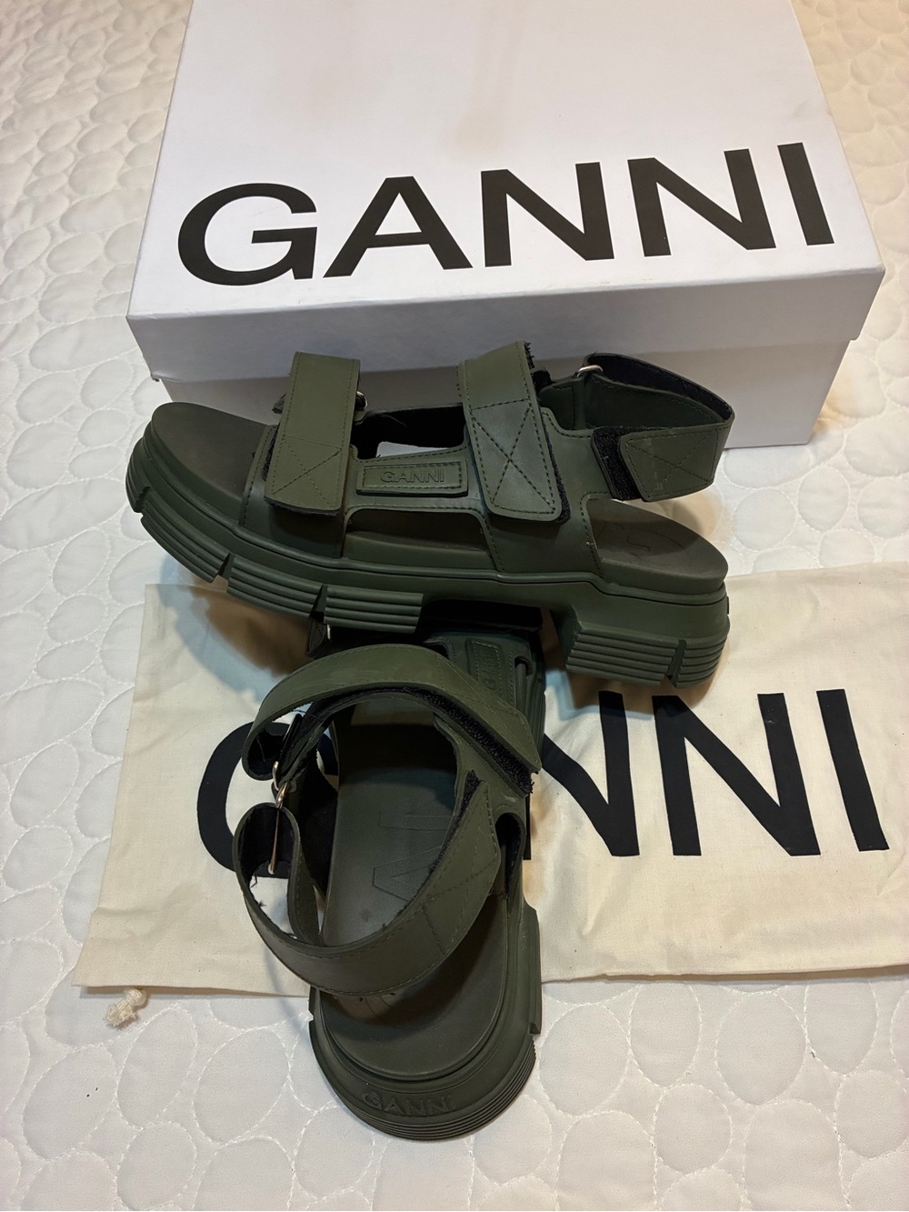 Ganni Olive Green Chunky Platform Sandals with Velcro Straps